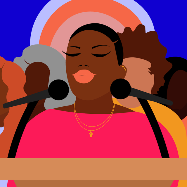 a colorful illustration of a young black woman standing in front of a mic getting ready to share