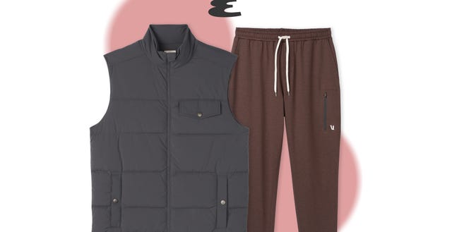 casual outfit featuring a gray puffer vest and brown sweatpants