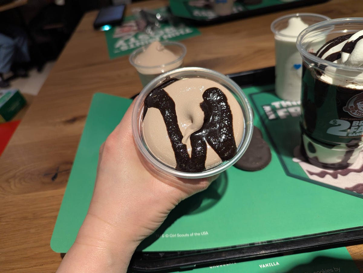 wendy's thin mints frosty chocolate version topped with the letter w in chocolate sauce