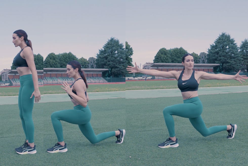 coach del mese, elisa baldo, animal flow, glutei e mobilità, affondo posteriore con torsione