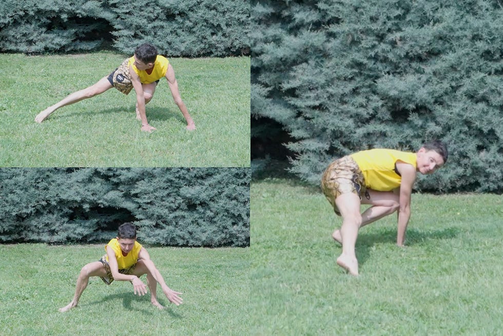 a collage of a person in a yellow shirt and shorts