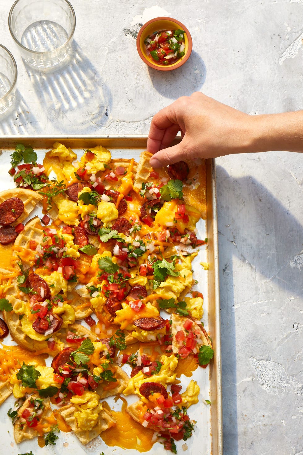 waffle nachos on a sheet pan