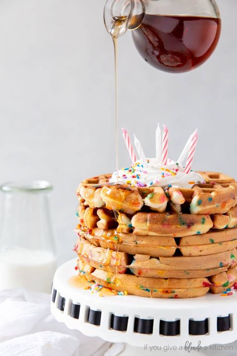 birthday cake mix waffles with sprinkles and candles