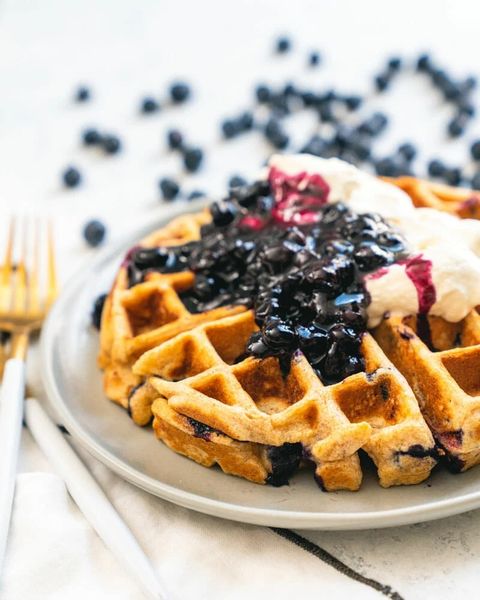 blueberry waffles with blueberry compote