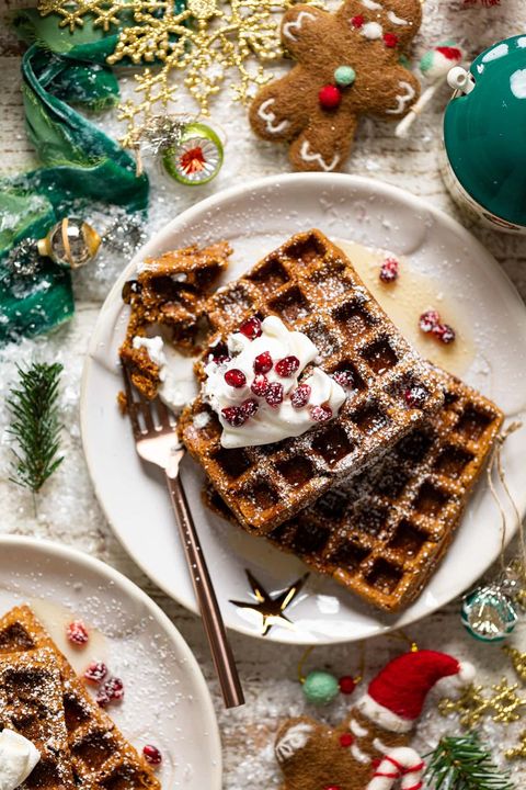 gingerbread waffles with pomegranate seeds and christmas decor