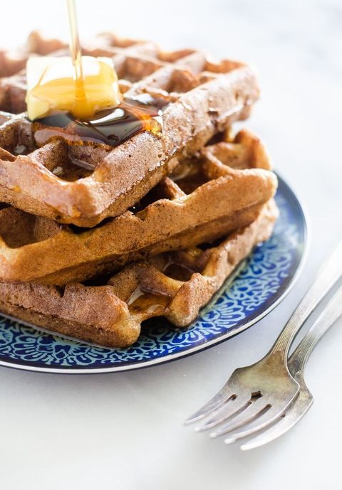 gluten free and grain free waffles stacked with butter