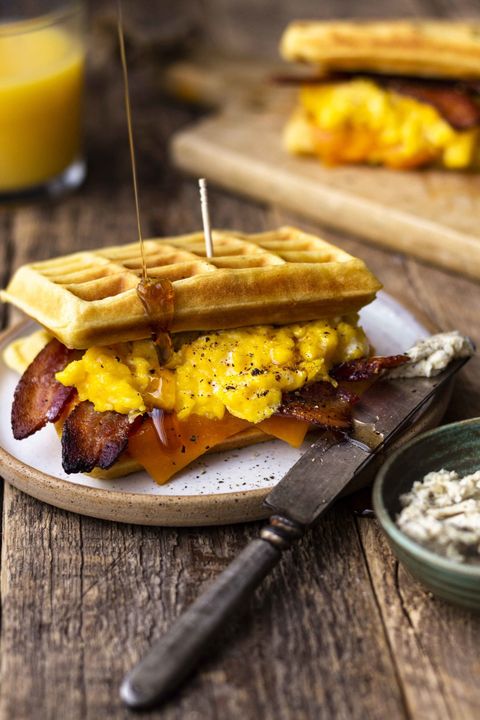 waffle breakfast sandwich with peppered maple bacon