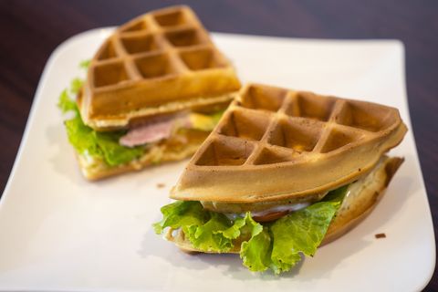 Waffles sandwich with ham cheese.