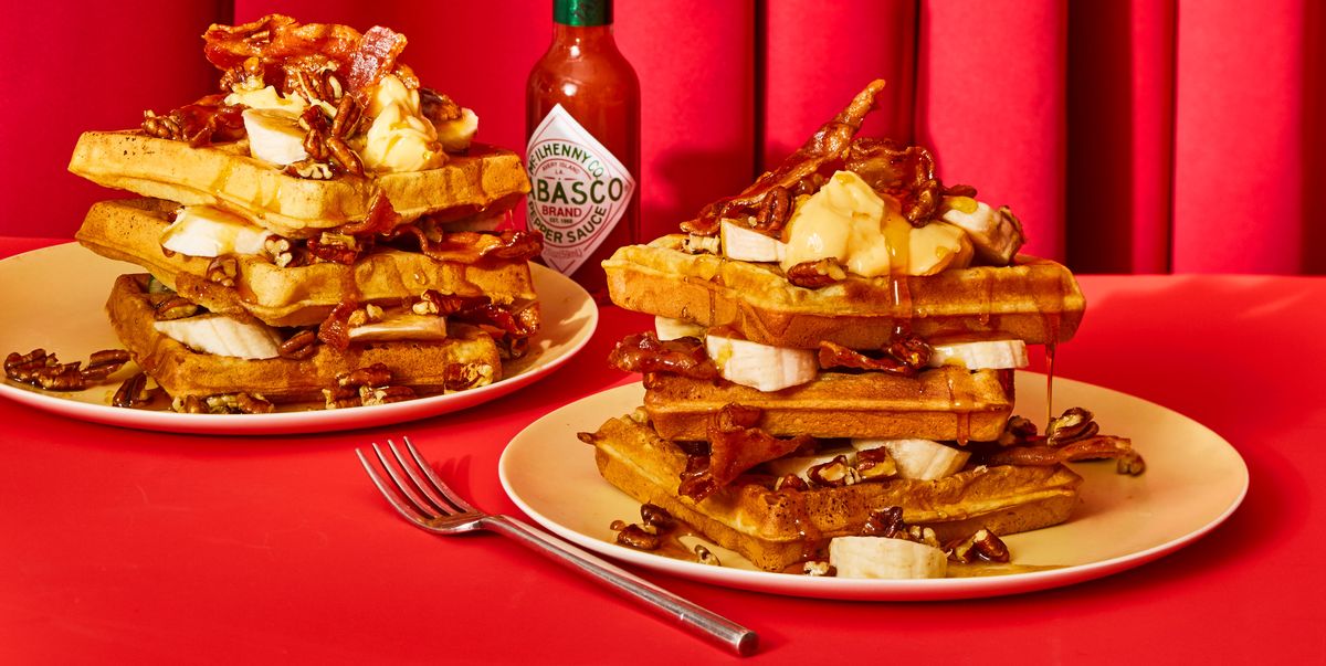 waffles with spicy glazed bacon and pecans