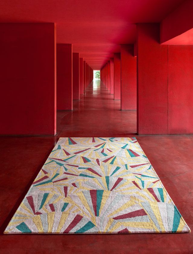 Red, Floor, Room, Flooring, Architecture, Interior design, Modern art, Carpet, Art, Pattern, 