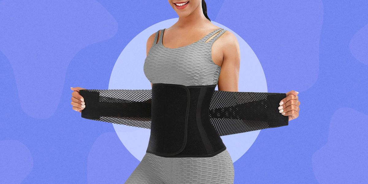 woman putting waist trainer on over athletic clothes