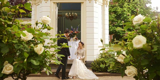 Photograph, Wedding dress, White, Bride, Dress, Bridal clothing, Gown, Veil, Ceremony, Yellow, 