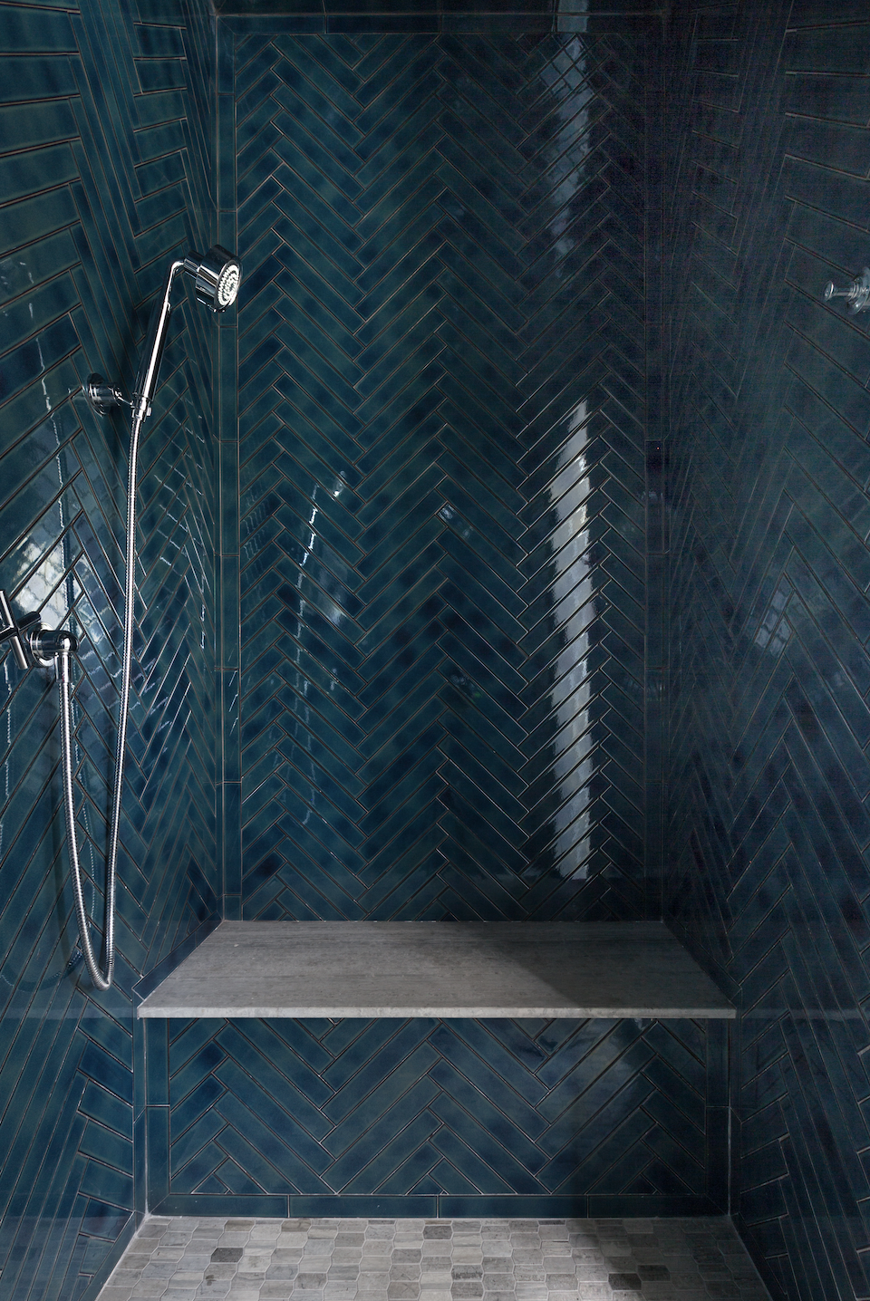 walk in shower ideas, glossy dark blue tiles in shower