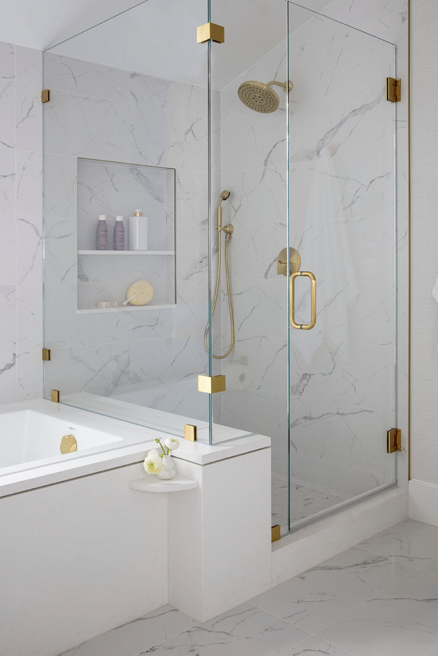 walk in shower ideas, shower with gold fixtures and a large glass enclosure