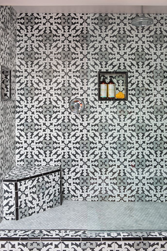 walk in shower ideas, shower with moroccan themed porcelain tile and seating