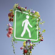 walking sign covered with flowers