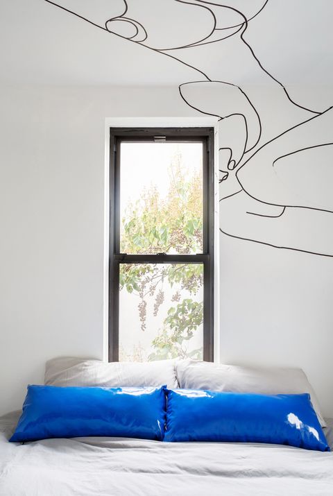 Blue, Room, Bedroom, Furniture, Bed, Wall, Bed sheet, Bed frame, Interior design, Bedding, 