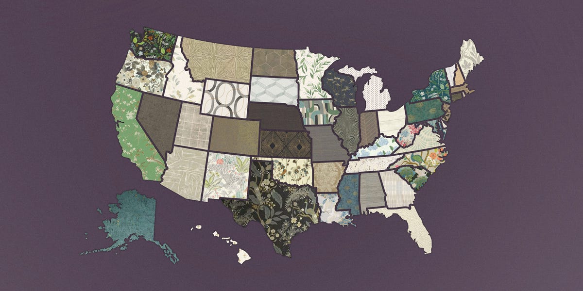 a map of the us showing the most popular wallcovering in each state