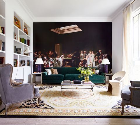 contemporary living room with large mural