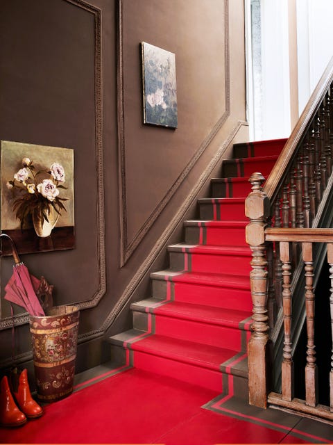 Stairs, Red, Room, Pink, Handrail, Interior design, Carpet, Floor, Baluster, Building, 