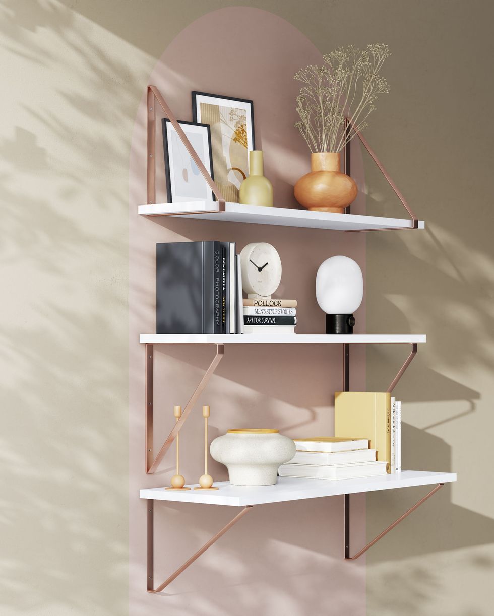 use wall mounted shelves to make use of vertical space, as pictured here with the form clever copper effect steel shelving bracket at bq
