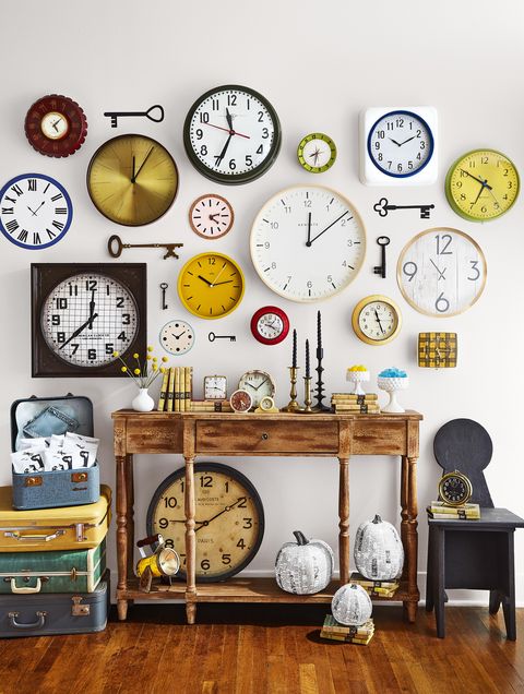 wall of clocks and keys