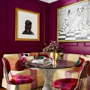 designer ariene bethea's charlotte, north carolina home office sherwin williams framboise paint pillows md home collection art erica michele left and vintage right vase vintage