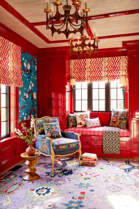 red room with wallpapered ceiling