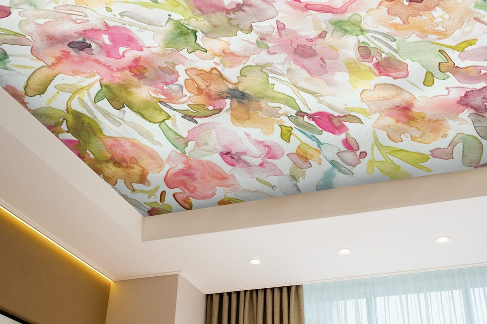 a ceiling with floral wallpaper