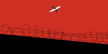 Red, Line, Sky, Font, Airline, Airplane, Vehicle, 