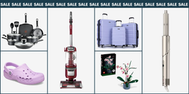 a selection of products on sale, including pots and pans, crocs, a vacuum, legos, luggage, and a hair styler