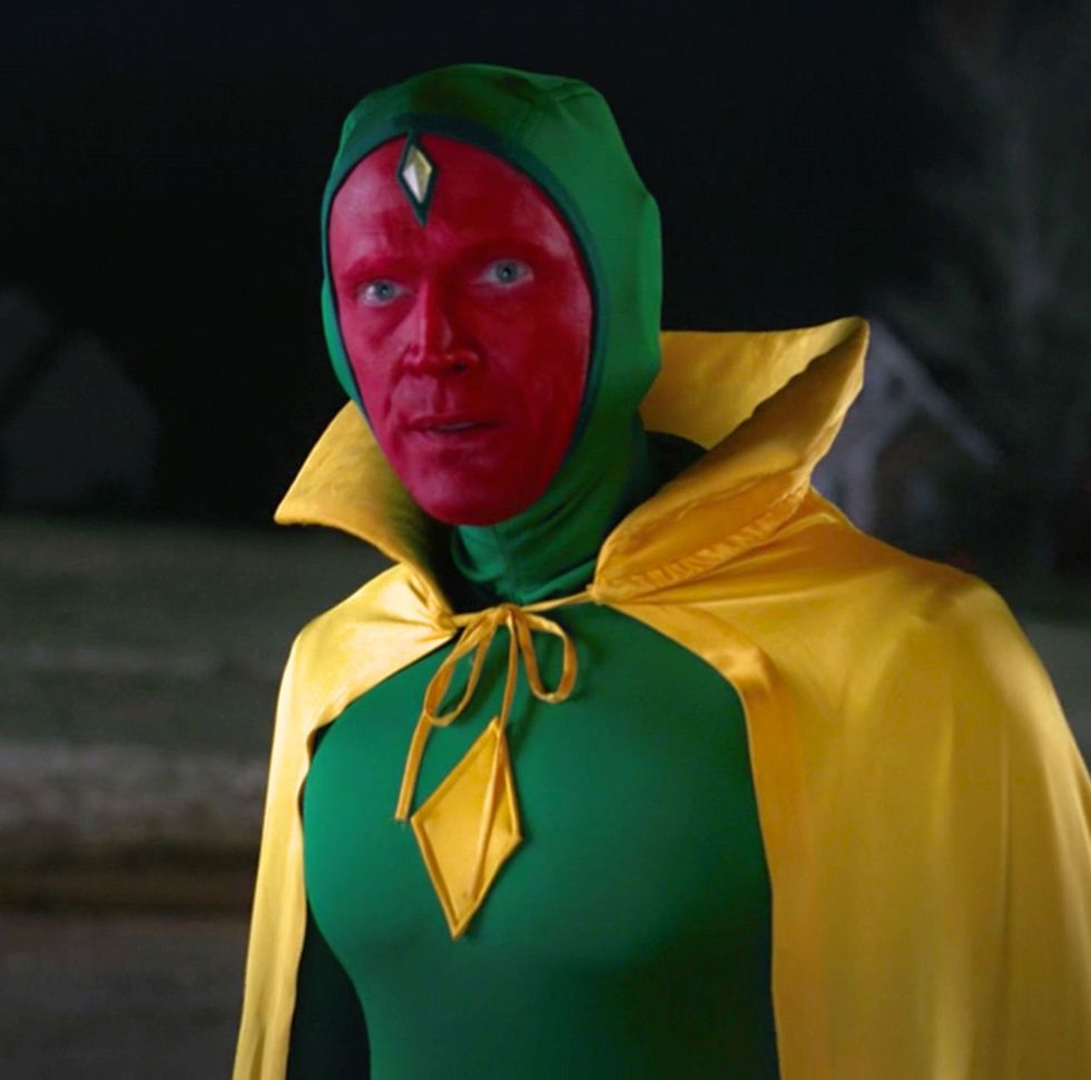 vision is dressed in a green and yellow halloween costume in wandavision episode 6