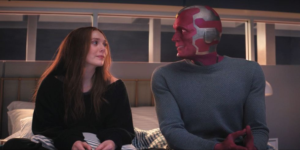 elizabeth olsen as wanda and paul bettany as vision in wandavision episode 8