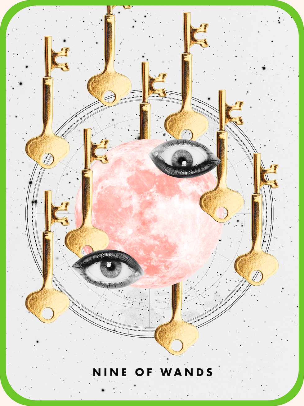 the tarot card the nine of wands, showing nine golden keys surrounding a moon and eyes