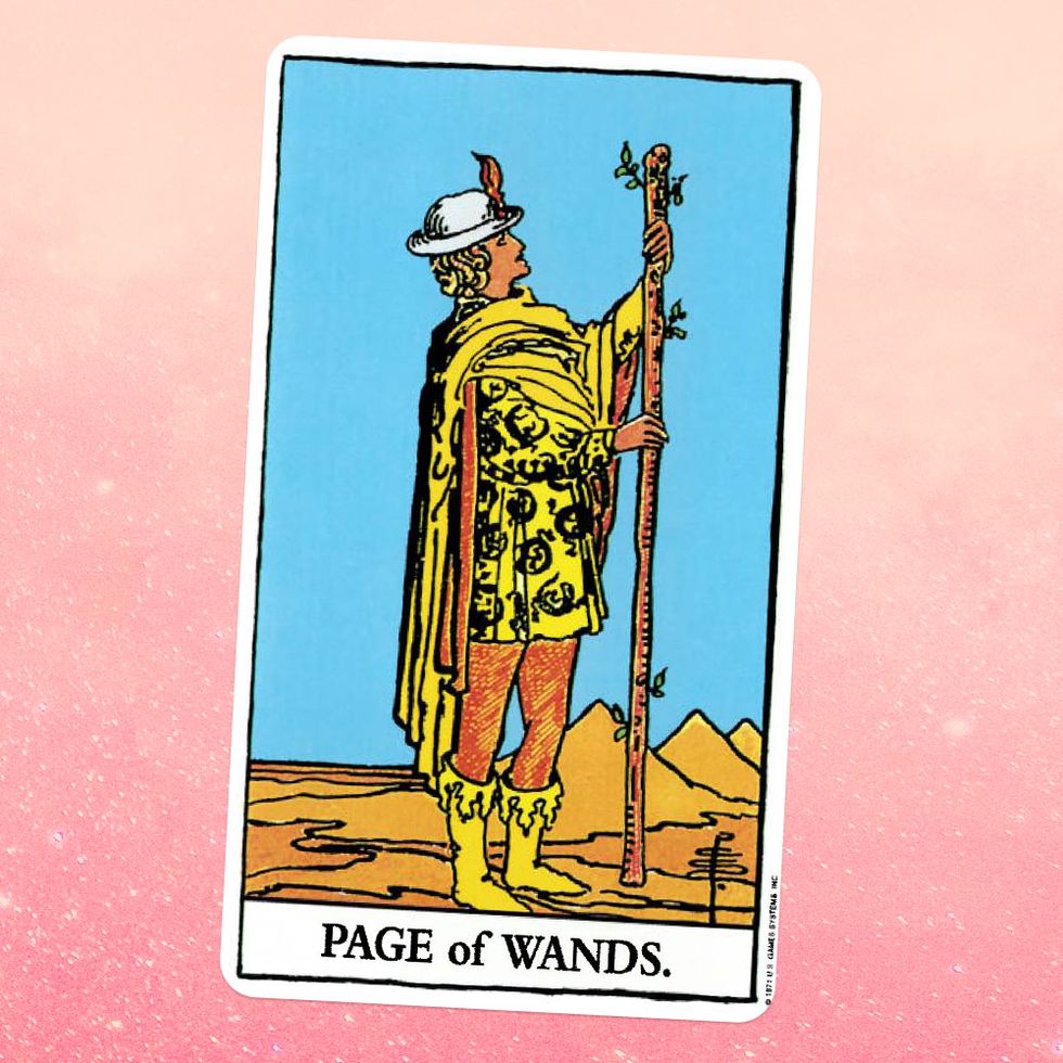 the tarot card the page of wands, showing a person in a yellow tunic holding a wooden staff