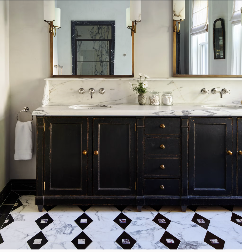 bathroom vanity with tile floors