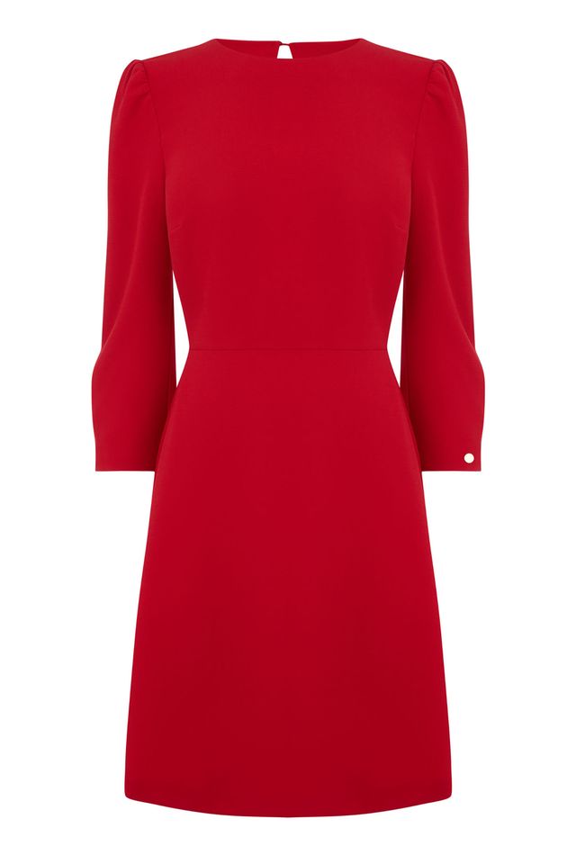 Clothing, Dress, Red, Sleeve, Day dress, Neck, A-line, Cocktail dress, Outerwear, Sheath dress, 