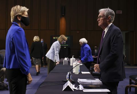 washington, dc   september 28 sen elizabeth warren d ma talks to federal reserve chairman jerome powell during a senate banking, housing and urban affairs committee hearing on the cares act, at the hart senate office building on september 28, 2021 in washington, dc the hearing examined the effects and results of the coronavirus aid, relief, and economic security act, also known as the cares act photo by kevin dietschgetty images