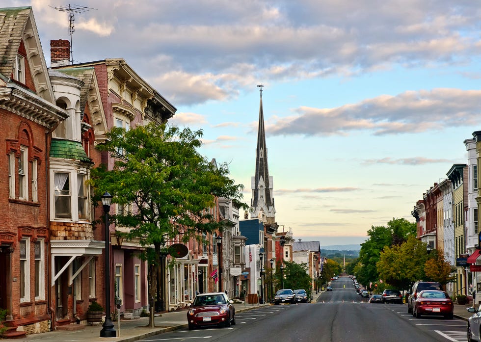 warren street at dawn in hudson, new york