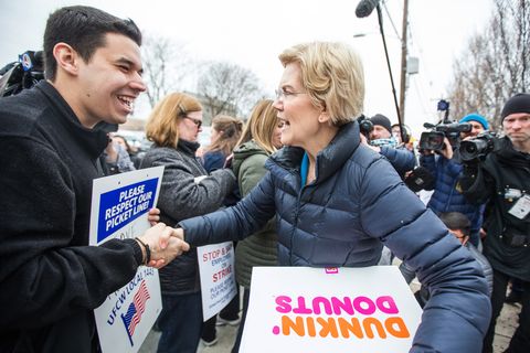 Democratic Presidential Candidate Elizabeth Warren Joins Picket Line With Striking Stop & Shop Workers In Somerville, Massachusetts