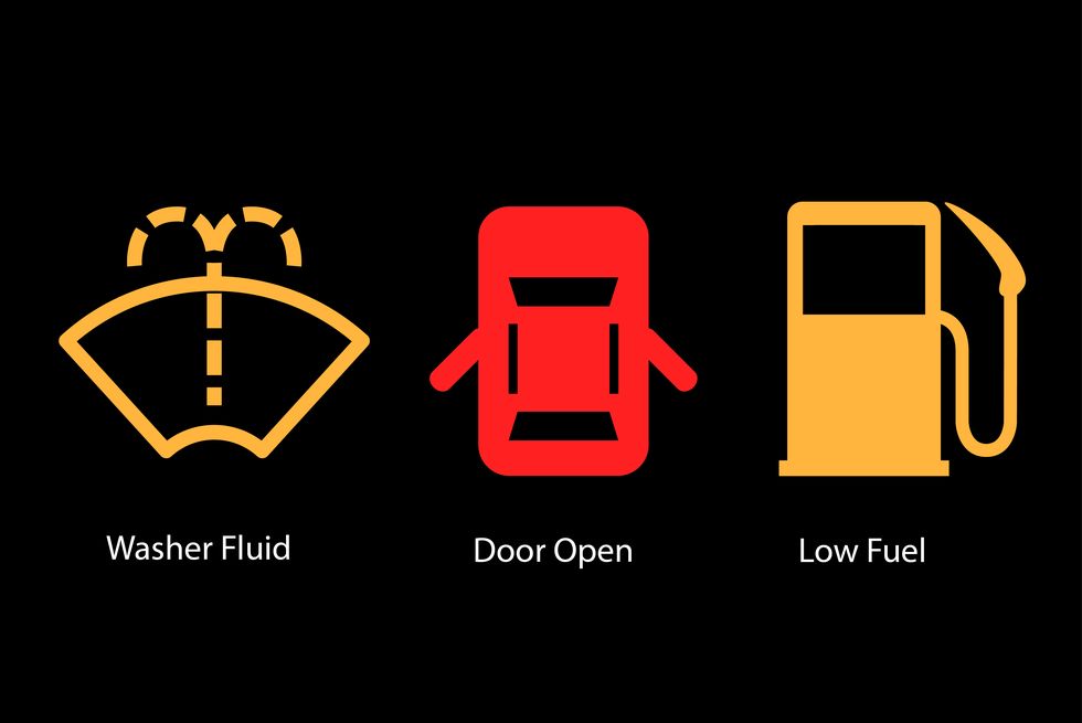 washer fluid, door open, low fuel warning lights