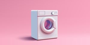 washing machine realistic 3d illustration, household or laundry equipment, render on pink background