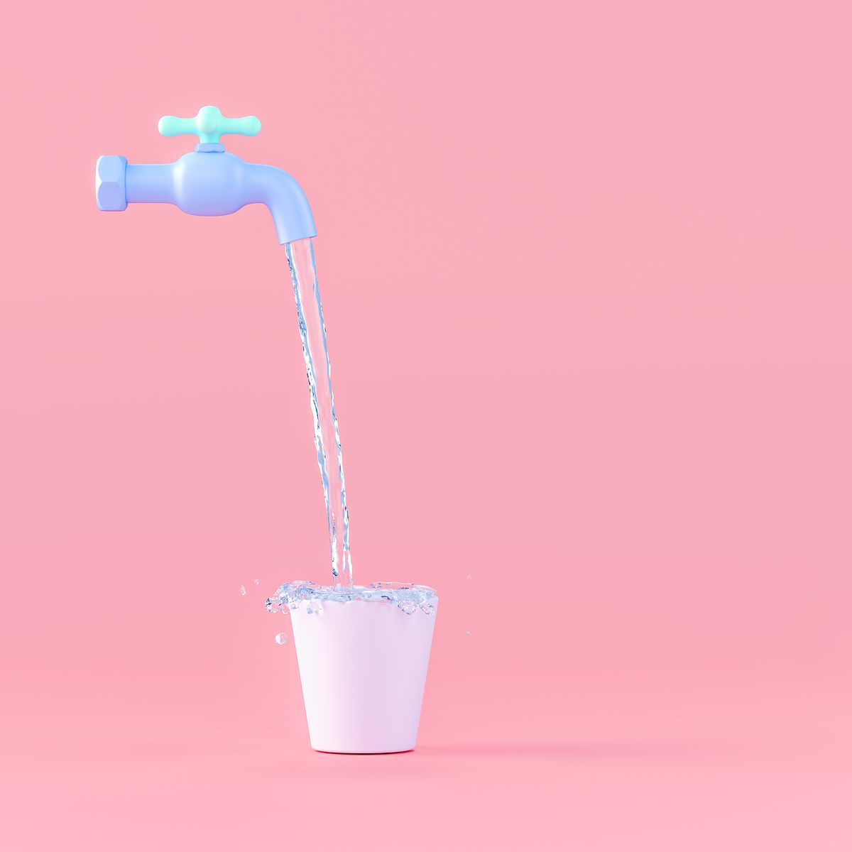 water falling in bucket from tap against pink background