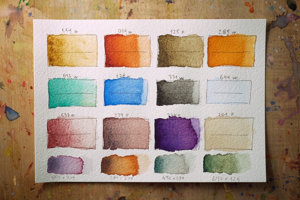 water colour test cards laid out on a table showing different colour blends