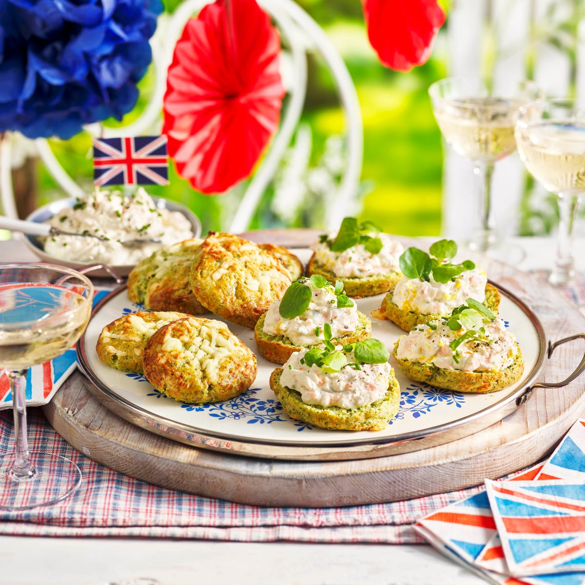 Watercress and cheddar scones with poached potted salmon