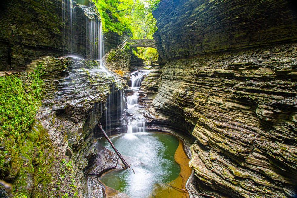 Waterfall and bridge at Watkins Glen State Park, New York waterfall and bridge at watkins glen state park, new york