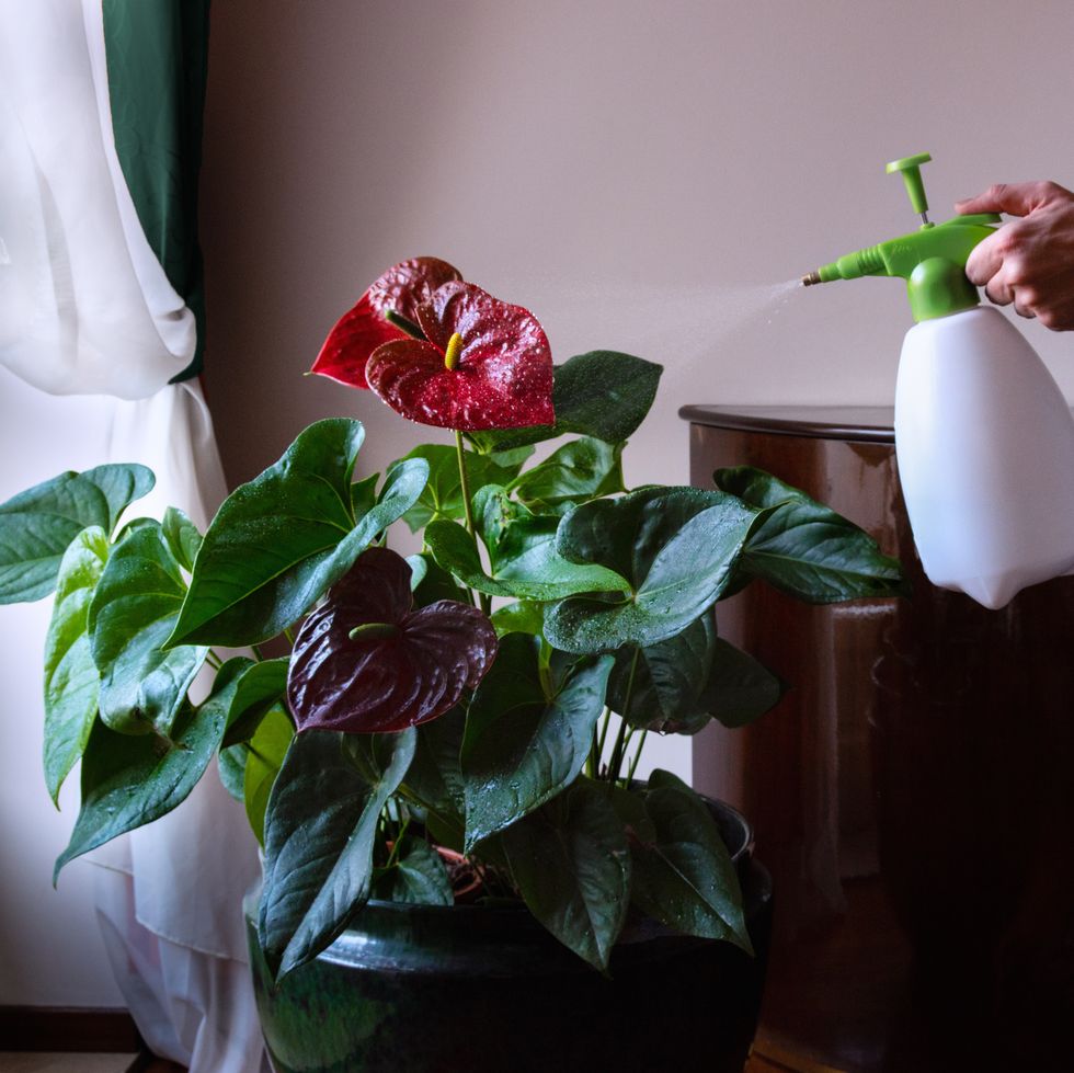 watering an anthurium plant with a portable pressure garden spray bottle