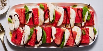 sliced watermelon, mozzarella, and basil drizzled with balsamic