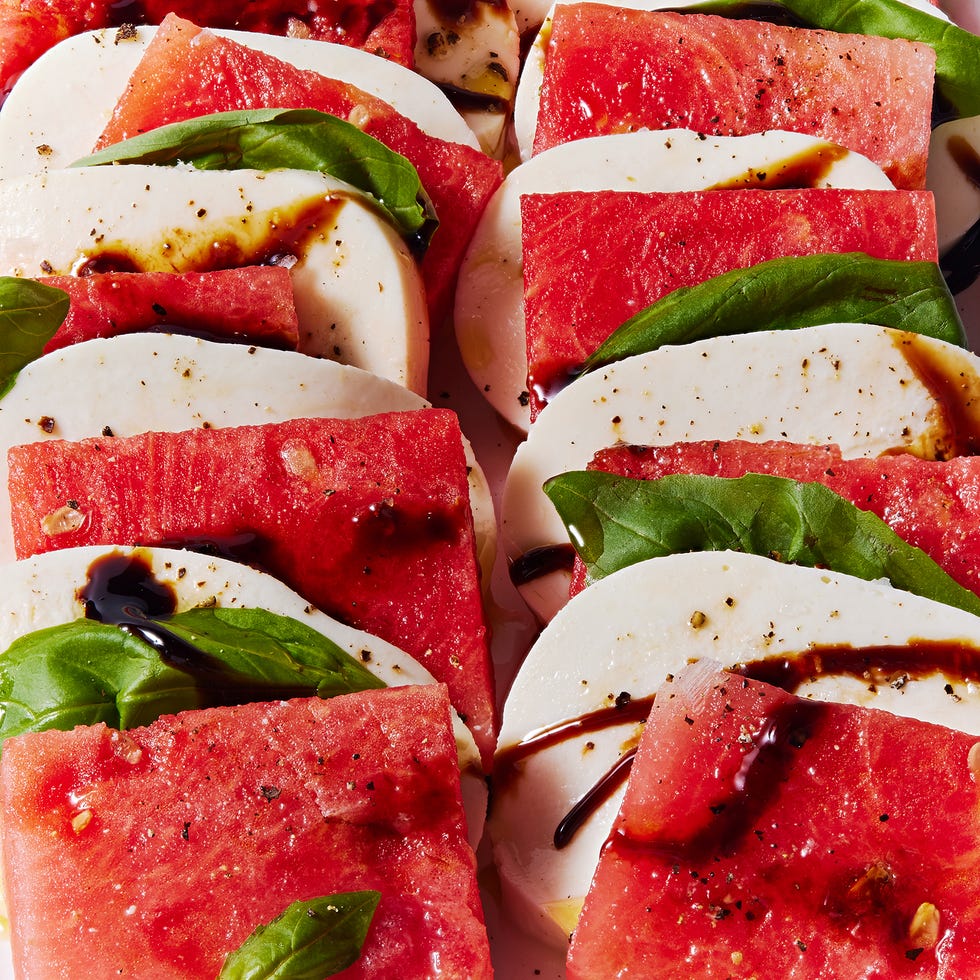 sliced watermelon, mozzarella, and basil drizzled with balsamic