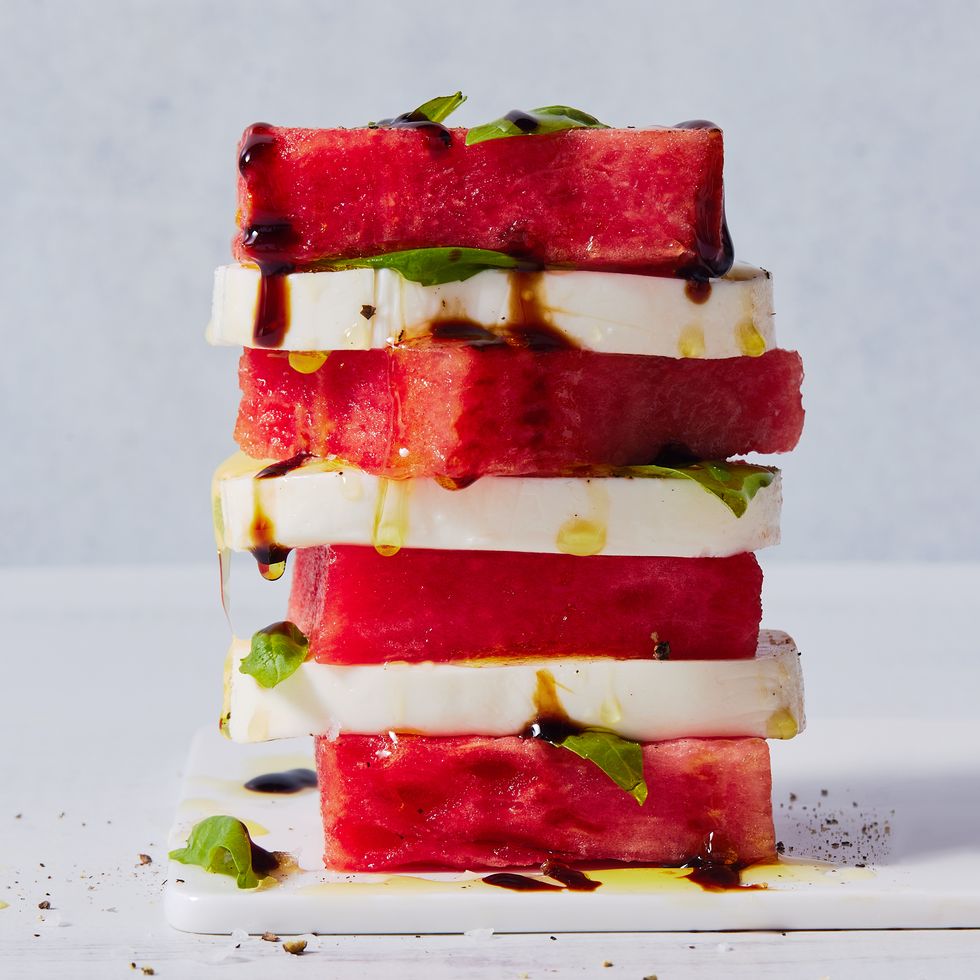 sliced watermelon, mozzarella, and basil drizzled with balsamic